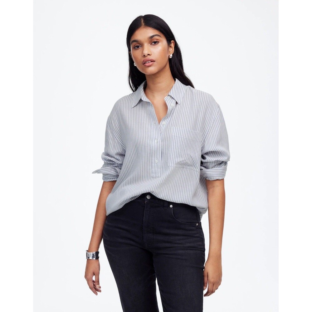 Madewell Womens Drapey Long-Sleeve Popover Shirt in Stripe NWT Size M Medium